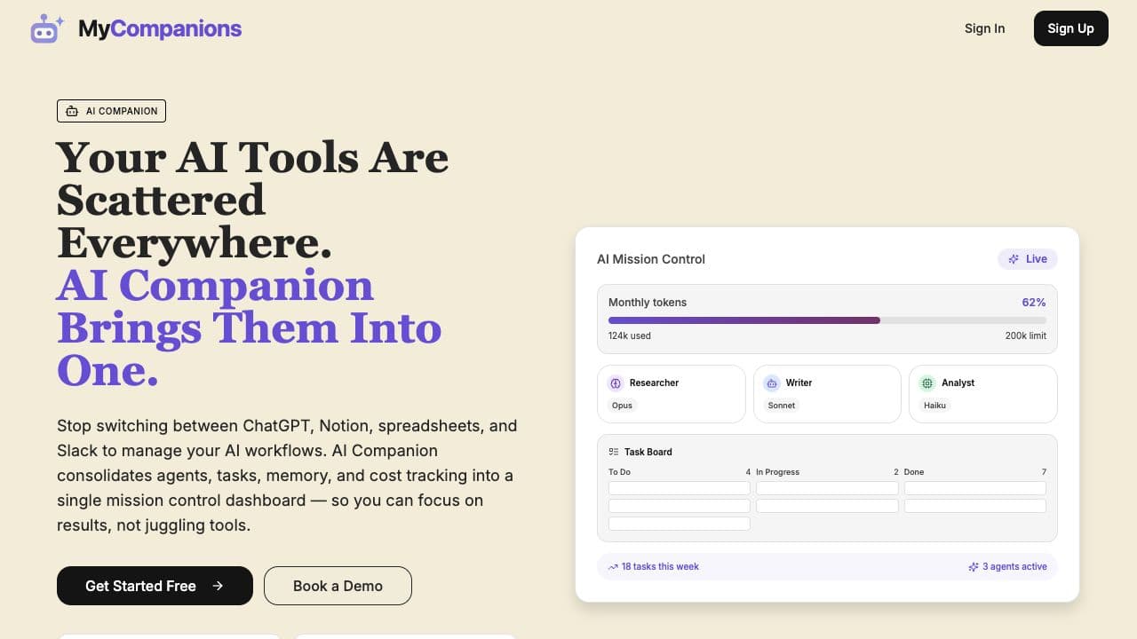 AI Companion product page with an illustrative mission-control dashboard