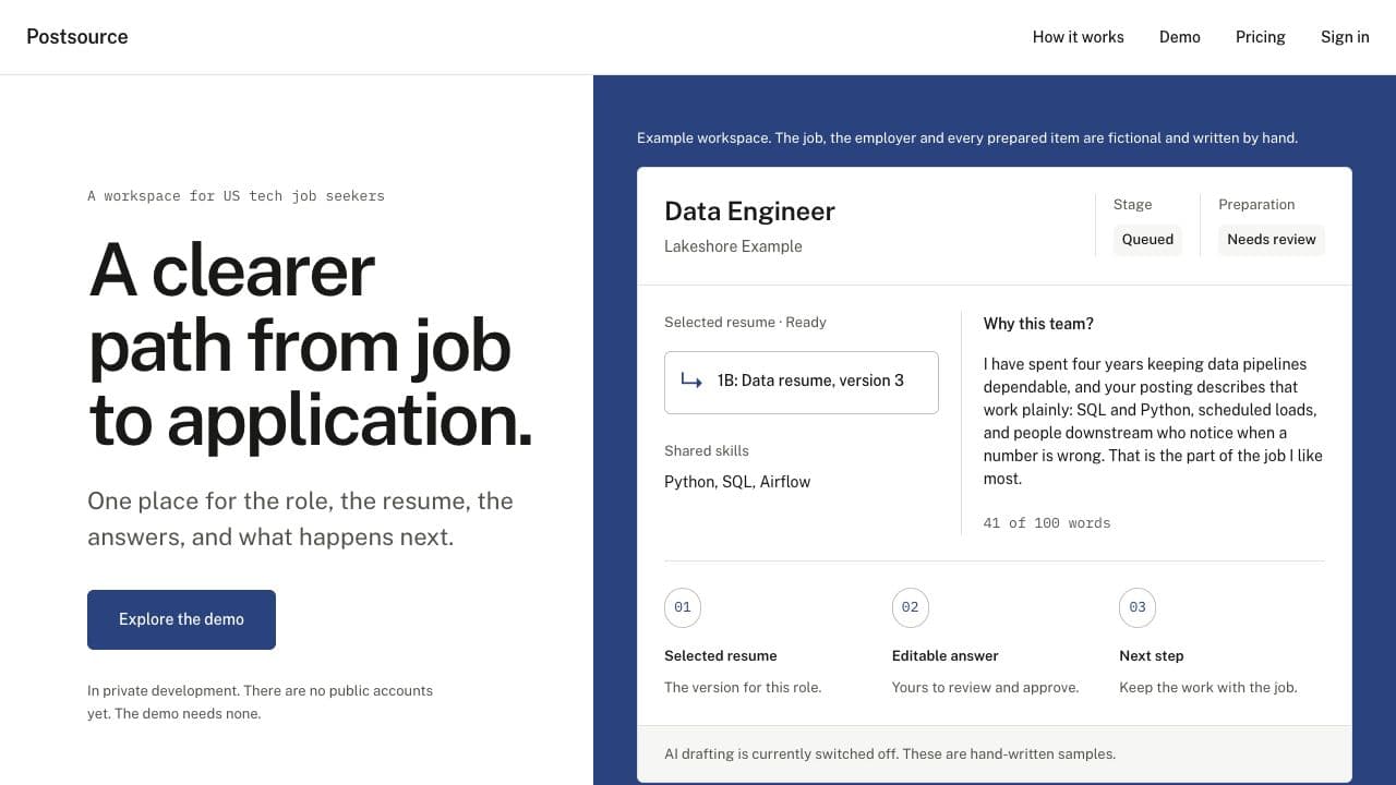 Current PostSource overview showing a job, selected resume, and sample application answer